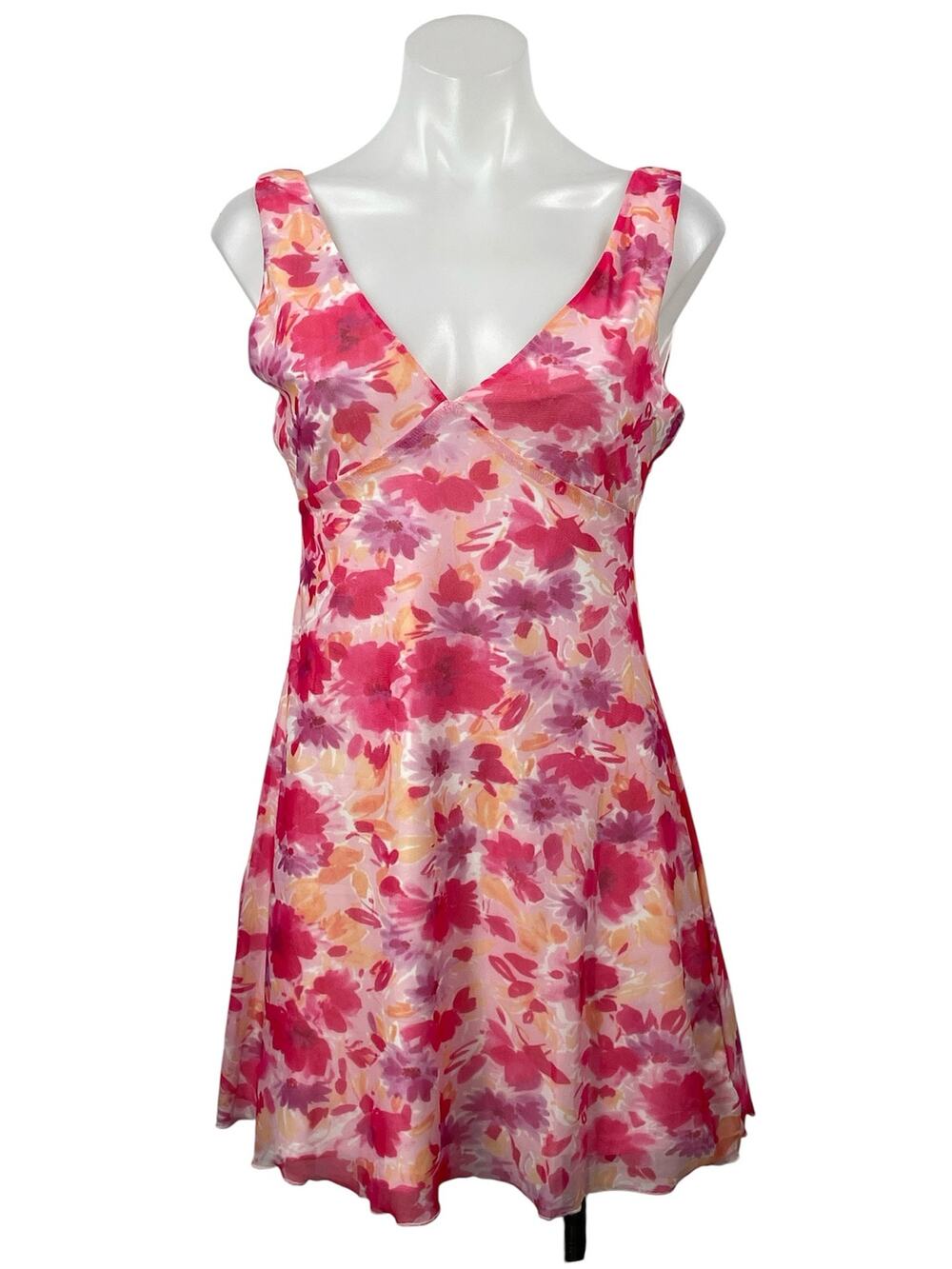 Princess Polly Zuba Pink Floral Sleeveless Mesh V-neck Mini Fit & Flare Dress 6